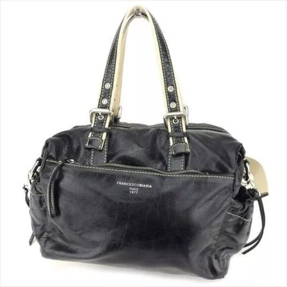 Francesco Biasia Shoulder bag Black Leather Canvas Woman Authentic - Picture 1 of 10